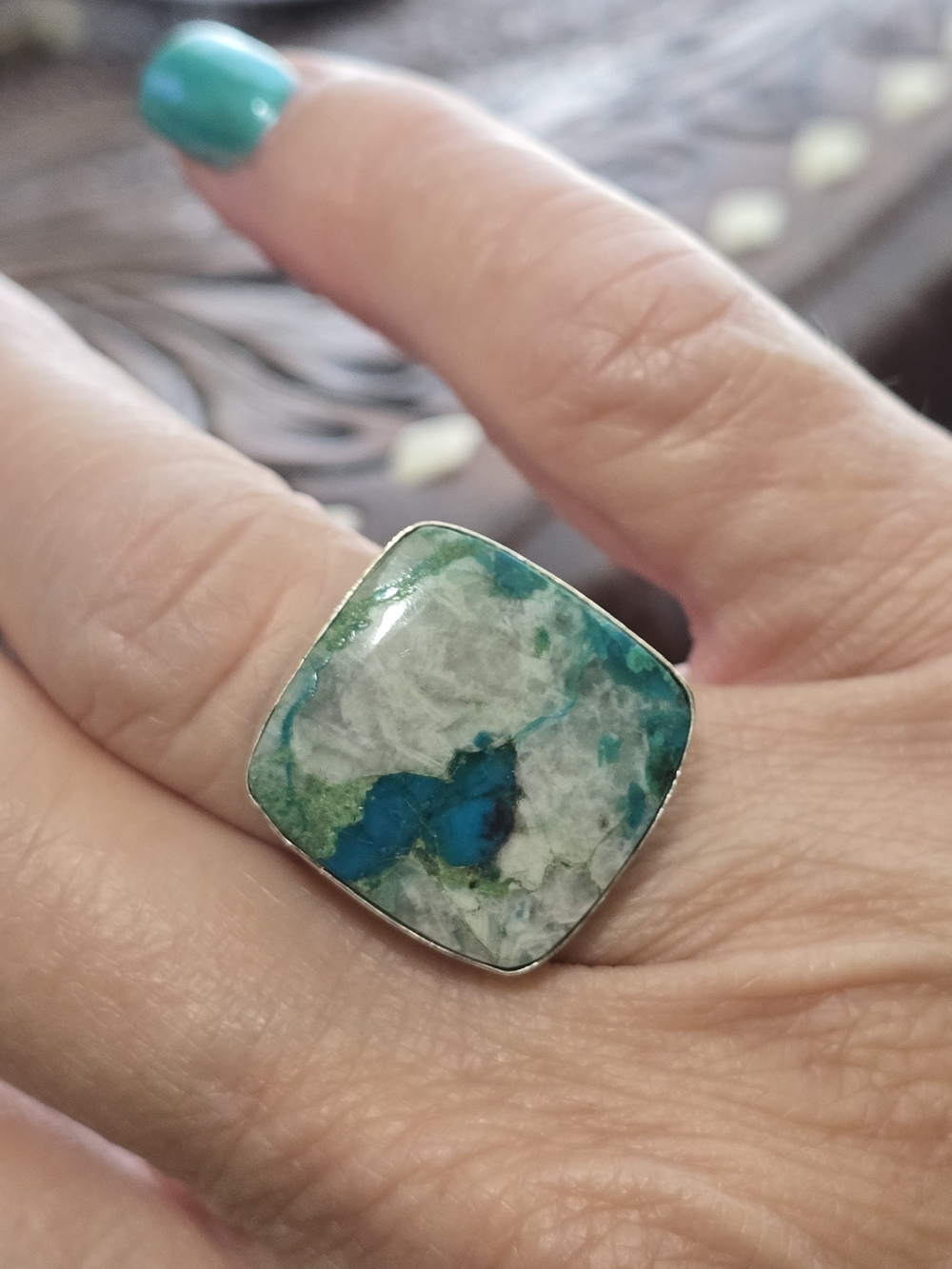 925 Sterling Silver Square Chrysocolla Statement Ring in Teal and Green
